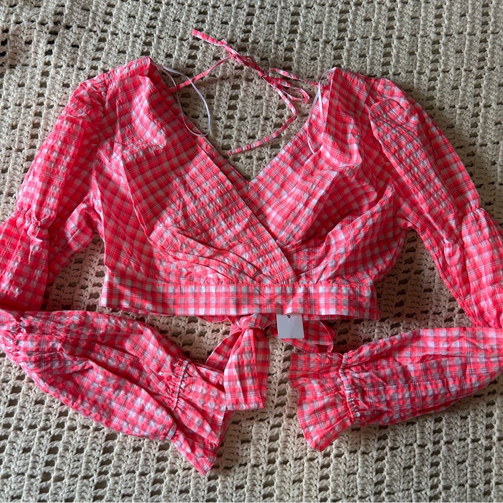 Topshop Coral Checkered Wrap Top